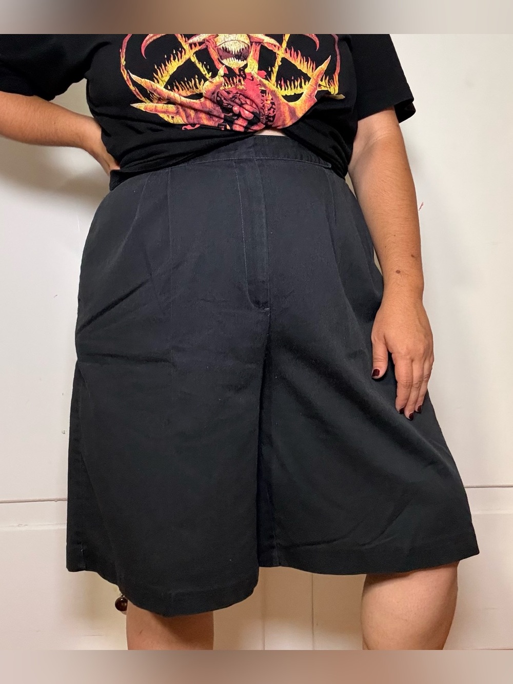 Vintage 80s Maggie McNaughton Black Cotton High Rise Pleated Culotte Shorts